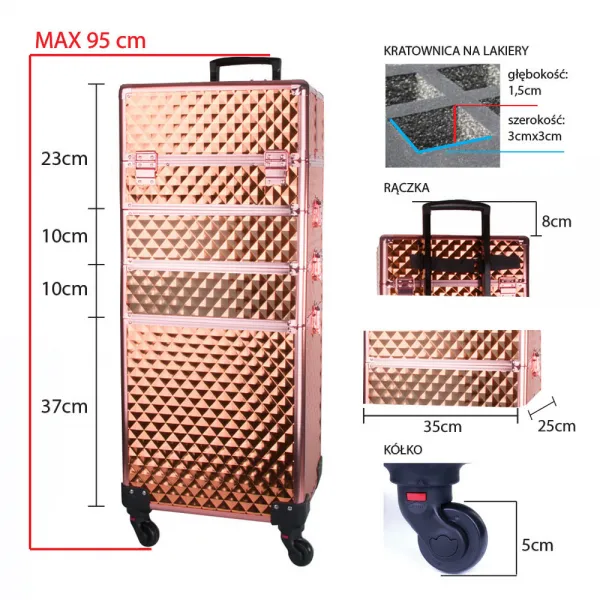 Kuferek kosmetyczny XXXL 4w1 walizka na kółkach obrotowych 360 stopni - Diamond 3D rose golden